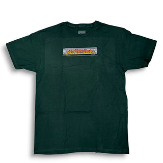 Forest green Spitfire short sleeve tee with graffiti subway car graphic on chest