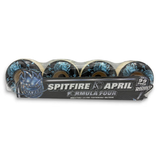 Spitfire Formula Four April Radials 54mm 99a skateboard wheels, black with blue chrome graphics