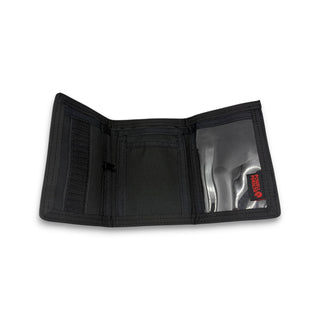 Powell Peralta black nylon trifold velcro wallet open showing card slots and ID window
