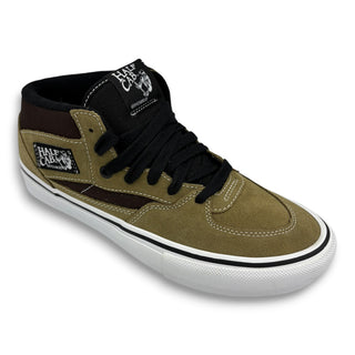 Vans Skate Half Cab mid-top sneaker in olive suede with dark brown stripe and white sole