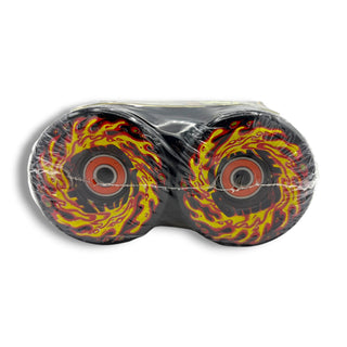 Black 66mm Slime Balls flame light-up skateboard wheels with red bearings, packaged set of four
