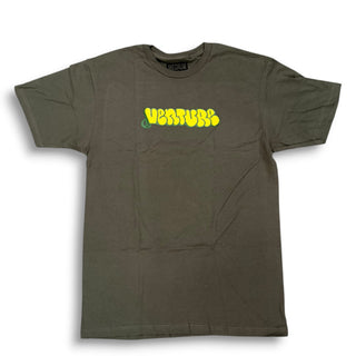Military green short sleeve t-shirt with yellow bubble letter Venture graphic logo