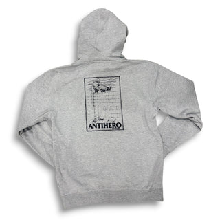 Gray heather Anti-Hero Skateboards hoodie with skater graphic print on back