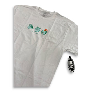 White Real Skateboards tee with three cartoon Earth globe graphics on chest