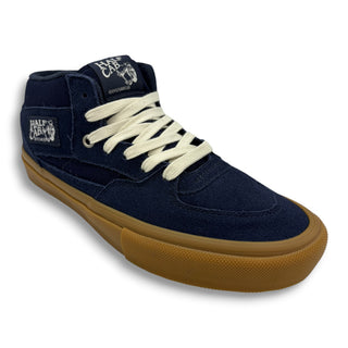 Vans Skate Half Cab mid-top navy suede sneaker with gum sole and cream laces
