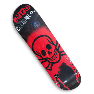 Zero Ellington 8.25 skateboard deck, black and red skull crossbones stencil graphic