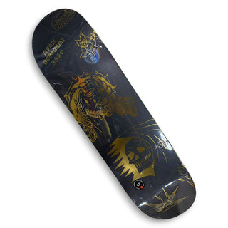 Zero Sheckler Suffer black skateboard deck with gold skull graphic, 8.5 inch