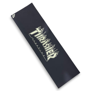 Thrasher Magazine black skateboard grip tape with glow flame logo by MOB Grip