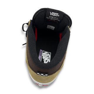 Vans Skate Half Cab sneaker in olive brown suede, top-down view showing black interior
