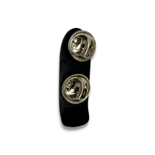 Back view of black lapel pin backing with two silver butterfly clutch fasteners
