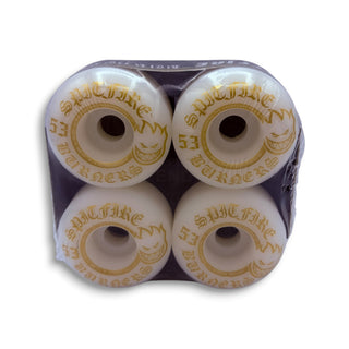 Spitfire Burners 53mm white skateboard wheels set of 4 with gold graphics