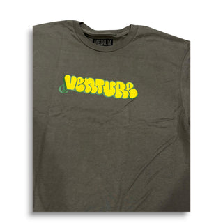 Venture military green t-shirt with yellow bubble graffiti logo, medium size tag
