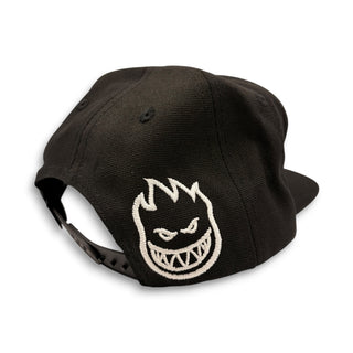 Black snapback hat with white embroidered Spitfire Bighead logo on side panel
