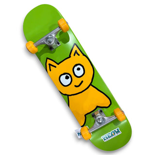 Meow Skateboards green 8.0 complete skateboard with orange cartoon cat graphic and orange wheels