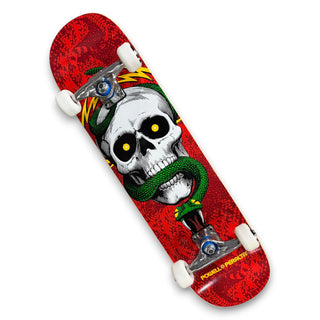 Powell Peralta red skateboard complete with skull and snake graphic, white wheels