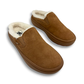 Vans slip-on mule platform sneakers in tan suede with sherpa lining and gum sole
