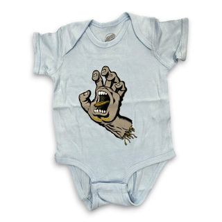 Light blue infant onesie with Santa Cruz Screaming Hand graphic in grey and gold