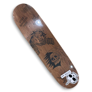 Zero Ryan Sheckler Suffer skateboard deck, wood stain with Jesus and skull graphics