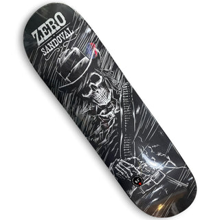 Zero Sandoval black skateboard deck with skull cowboy gunslinger graphic, 8.5 inch