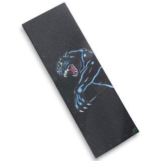 MOB grip tape sheet featuring blue and black panther graphic on dark sandpaper background