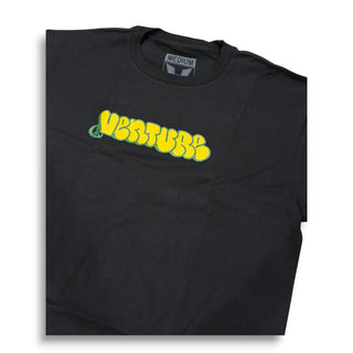 Black short sleeve t-shirt with yellow and green bubble letter Venture logo graphic