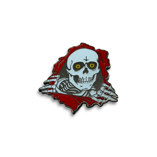 Powell Peralta Ripper glow-in-the-dark enamel lapel pin with red cape and yellow eyes