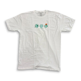 White Real Skateboards tee with three cartoon Earth face graphics on chest