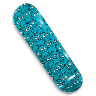 Teal skateboard deck covered in repeating cartoon blue cat face pattern, 8.0 inch