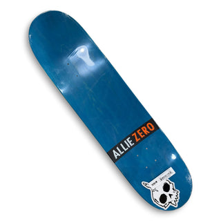 Zero Allie pro skateboard deck in blue with black and orange logo sticker, 8.25 inch