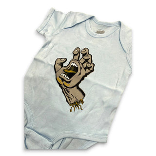 Light blue infant onesie with Santa Cruz Screaming Hand graphic in grey and gold