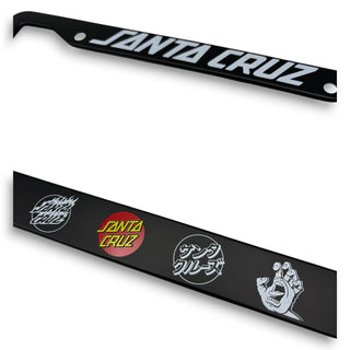 Black Santa Cruz license plate frame with classic logos and screaming hand graphic