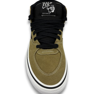 Vans Half Cab mid-top skate shoe in olive brown suede with black laces and white sole
