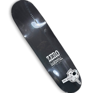 Zero Sandoval black skateboard deck with skull sticker and white logo, 8.5 inch