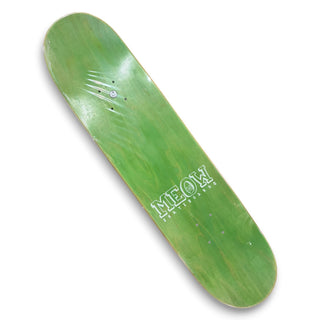 Meow Skateboards green skateboard deck with white logo and cat scratch graphic