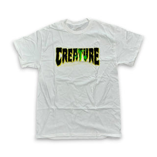 White Creature Skateboards t-shirt with bold black and green logo graphic on chest