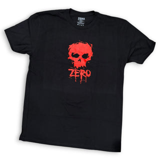 Black Zero Skateboards tee with red blood skull graphic and ZERO text on chest