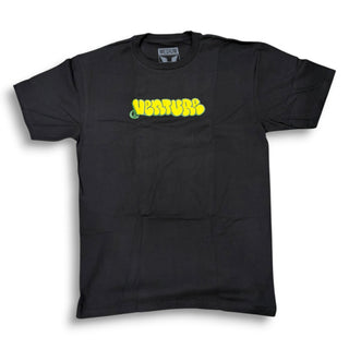 Black short sleeve t-shirt with yellow bubble graffiti Venture logo on chest