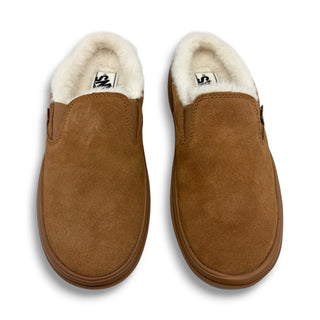 Vans slip-on platform mules in tan suede with cream shearling lining and gum sole