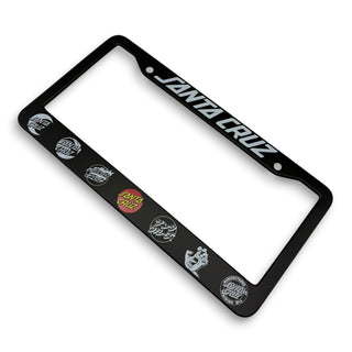 Black Santa Cruz license plate frame with multiple logos on left side