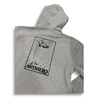 Grey heather hoodie back view with Anti-Hero Skateboards graphic print