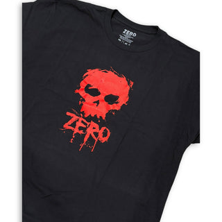 Black Zero skate t-shirt with red distressed skull graphic and Zero logo