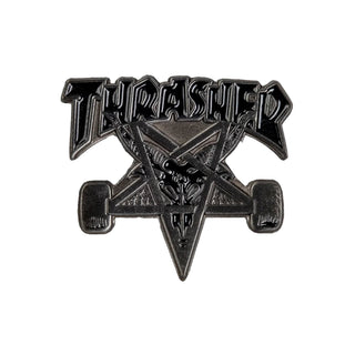 Black metal pin with 'Thrasher Sk8Goat' logo