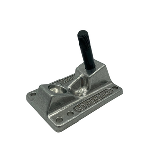 Silver skateboard truck baseplate with black kingin.